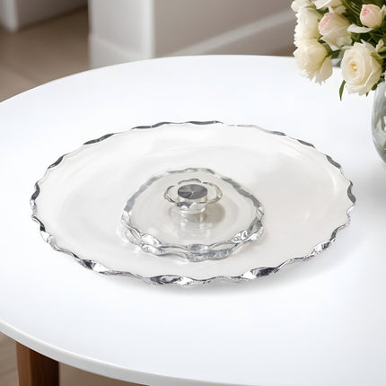 13" Clear And Silver Round Glass Hand Finished Lazy Susan
