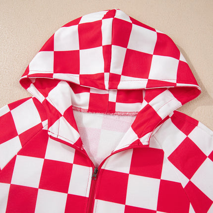 Red Checkered Print Half Zip Hoodie Loose Pant Set