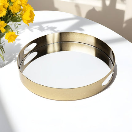 15" Gold And Mirrored Glass Round Metal Tray With Handles