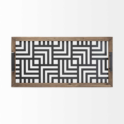 32" Brown and Black Glass Metal And Wood Geometric Serving Tray With Handles