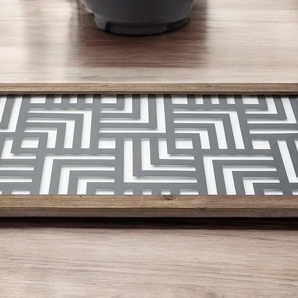 32" Brown and Black Glass Metal And Wood Geometric Serving Tray With Handles