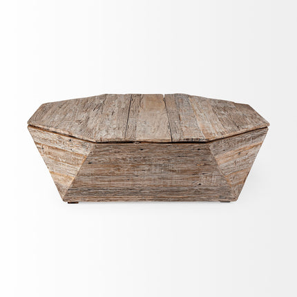 49" Natural Wood Octagon Distressed Lift Top Abstract Coffee Table