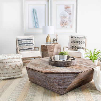 49" Natural Wood Octagon Distressed Lift Top Abstract Coffee Table