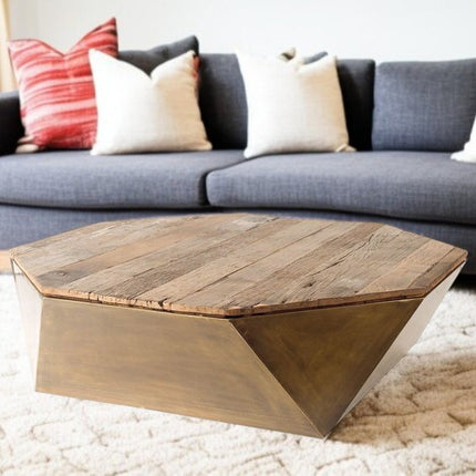 48" Natural Solid Wood Octagon Distressed Lift Top Abstract Coffee Table