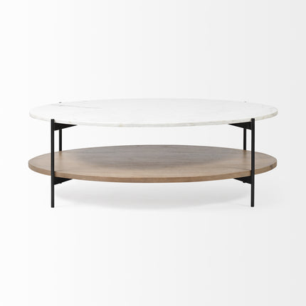 48" Brown and Black Genuine Marble and Metal Oval Coffee Table With Shelf