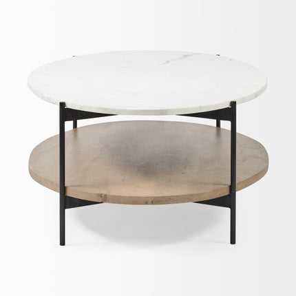 48" Brown and Black Genuine Marble and Metal Oval Coffee Table With Shelf