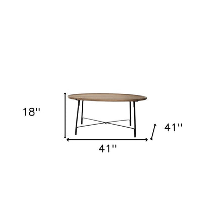 Set of Two Brown and Black Solid Wood and Iron Round Nested Coffee Tables
