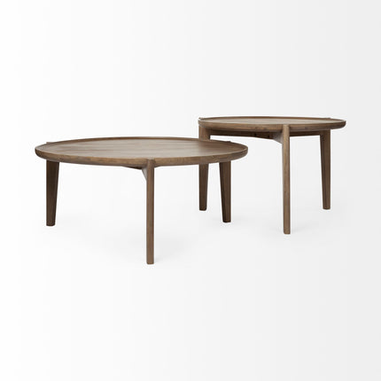 Set of Two Brown Solid Wood Round Nested Coffee Tables