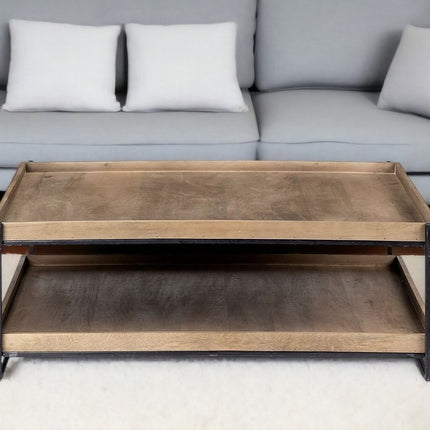 46" Natural and Black Solid Wood and Metal Coffee Table With Shelf