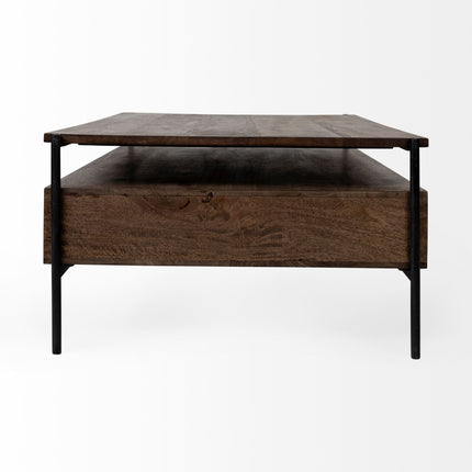 56" Brown and Black Solid Wood and Metal Coffee Table With Three Drawers