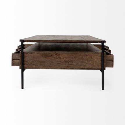 56" Brown and Black Solid Wood and Metal Coffee Table With Three Drawers