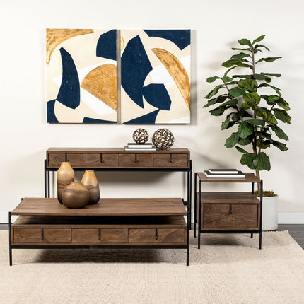56" Brown and Black Solid Wood and Metal Coffee Table With Three Drawers