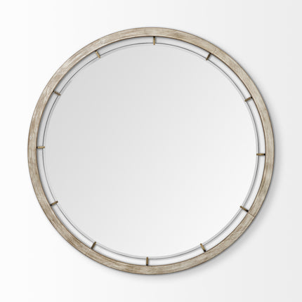54" Brown Round Wood And Metal Framed Accent Mirror