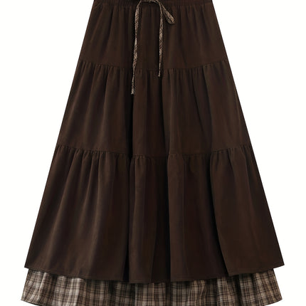 A Thick Patchwork Midi Skirt with a Pocket, Featuring a Corduroy Checkered Design And a Tie