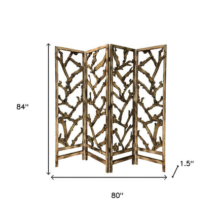 84" Brown Solid WoodFolding Four Panel Screen Room Divider