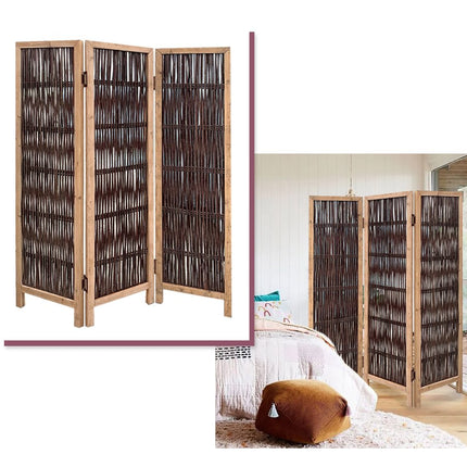 71" Brown Solid Wood Folding Three Panel Screen Room Divider