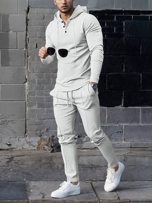Men's Casual Sportswear Set - Hooded Long Sleeve Top & Joggers with Drawstring, Polyester Blend, Perfect for Spring/Fall Outdoor Activities