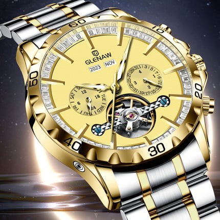 Men's Automatic Mechanical Watch - Luxury Blue Dial with Golden accents, Date Display