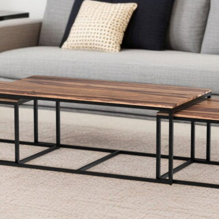 Set of Three 47" Natural And Black Solid Wood And Iron Coffee Table