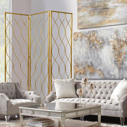 71" Gold Iron Folding Three Panel Screen Room Divider