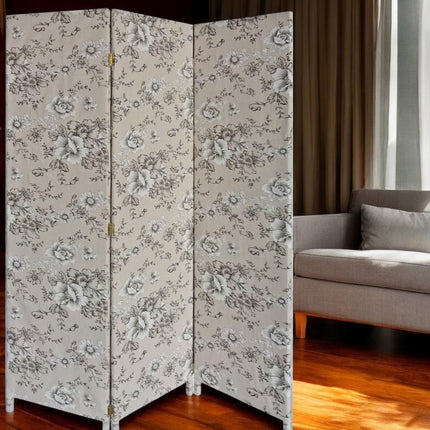 71" Beige and Black Fabric Folding Three Panel Screen Room Divider