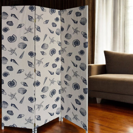 71" Blue and Beige Fabric Folding Three Panel Screen Room Divider