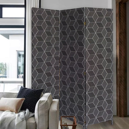 71" Black and White Fabric Folding Three Panel Screen Room Divider