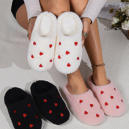 White Heart Shape Embroidered Slip On Plush Slippers