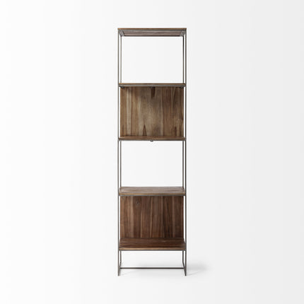 71" Brown And Silver Metal and Wood Four Tier Bookcase