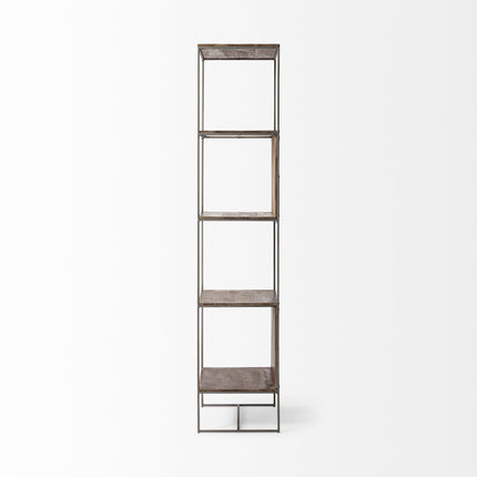 71" Brown And Silver Metal and Wood Four Tier Bookcase