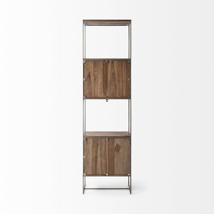 71" Brown And Silver Metal and Wood Four Tier Bookcase