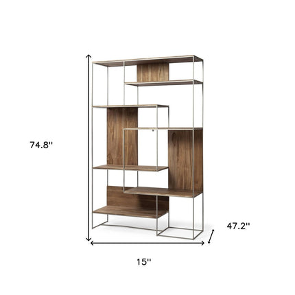 75" Brown And Silver Metal and Wood Six Tier Bookcase