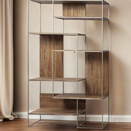 75" Brown And Silver Metal and Wood Six Tier Bookcase
