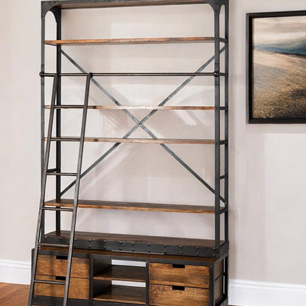 94" Black And Brown Distressed Copper and Wood Four Tier Library Bookcase with Four Drawers