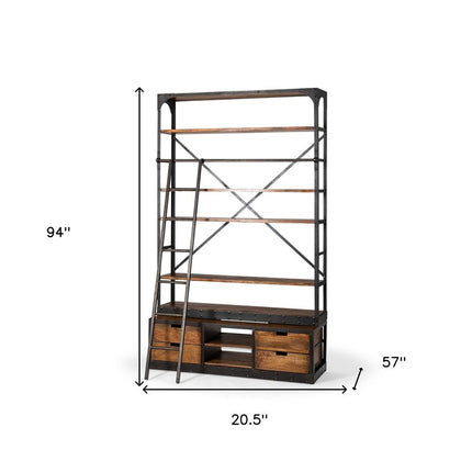 94" Black And Brown Distressed Copper and Wood Four Tier Library Bookcase with Four Drawers