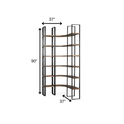 90" Black And Brown Iron and Wood Six Tier Bookcase