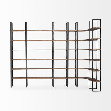 90" Black And Brown Iron and Wood Six Tier Bookcase