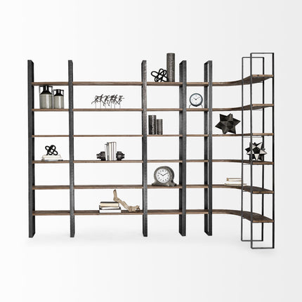 90" Black And Brown Iron and Wood Six Tier Bookcase