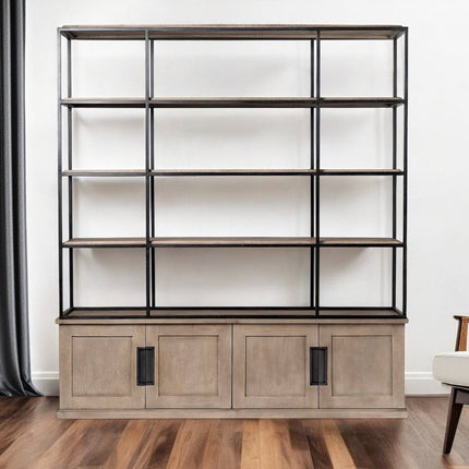 90" Brown Iron and Wood Three Tier Bookcase