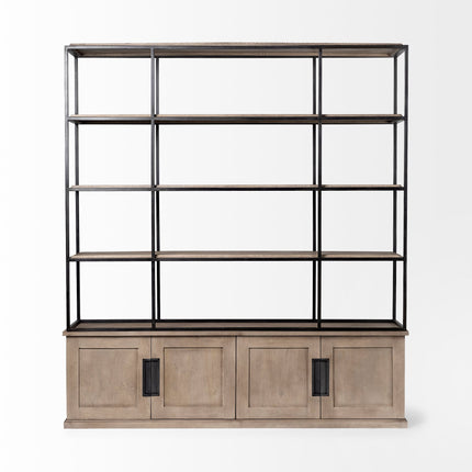 90" Brown Iron and Wood Three Tier Bookcase