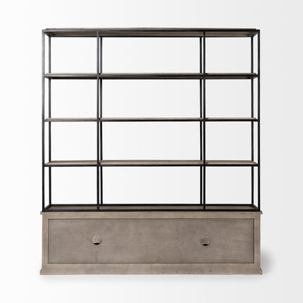90" Brown Iron and Wood Three Tier Bookcase