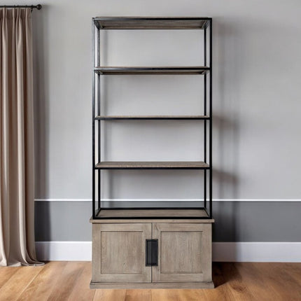 90" Brown Iron and Wood Three Tier Bookcase