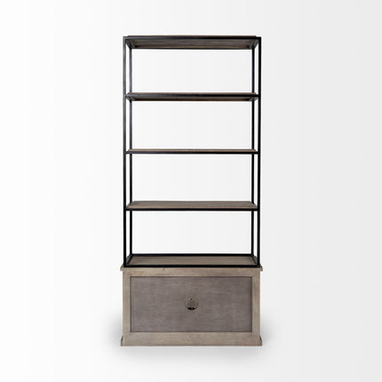 90" Brown Iron and Wood Three Tier Bookcase