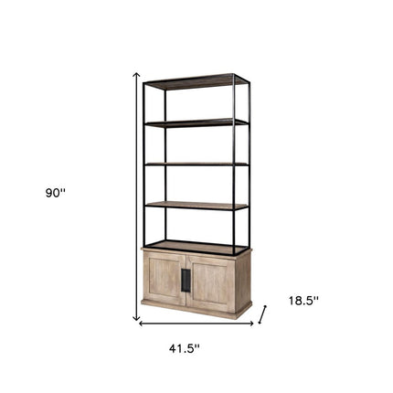 90" Brown Iron and Wood Three Tier Bookcase