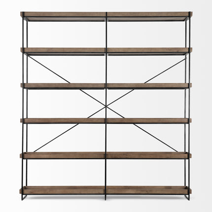88" Black And Brown Iron and Wood Five Tier Bookcase