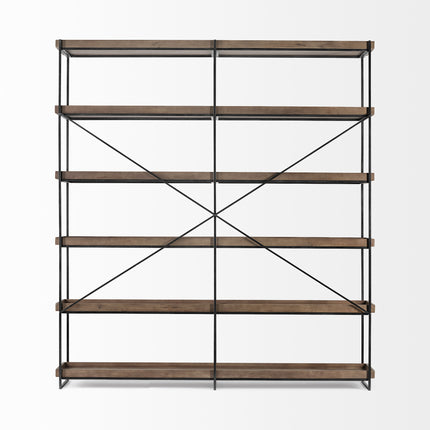 88" Black And Brown Iron and Wood Five Tier Bookcase