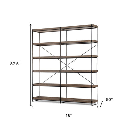 88" Black And Brown Iron and Wood Five Tier Bookcase