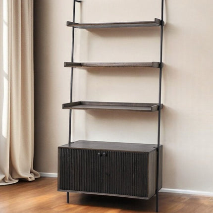 Dark Brown Metal and Wood Three Tier Ladder Bookcase