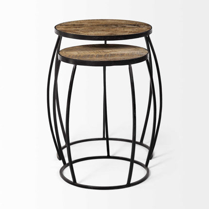 Set of Two 26" Black And Brown Solid Wood Round End Table