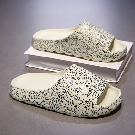 2 pcs Men's Plus Size Slippers, Men's Fashion Graffiti Casual Slides, Couples Indoor Outdoor Soft